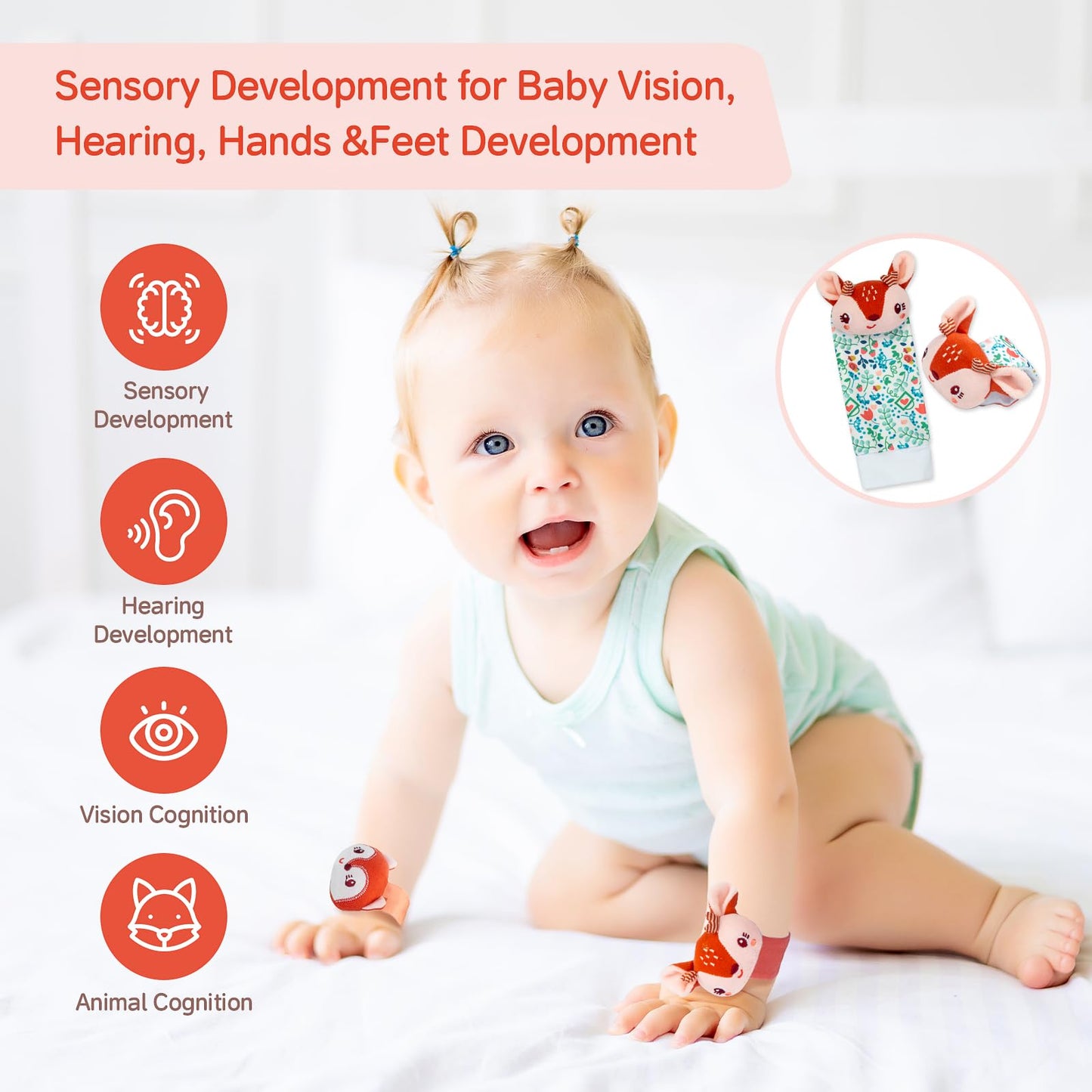 Padonise Lovely Animal Wrist Rattles & Sock Toy For Baby Infant 0-6 6-12 Month Old Newborn Soft Toy Hand And Foot Finder Girl Boy Birthday Shower Easter Gift Set For Babies