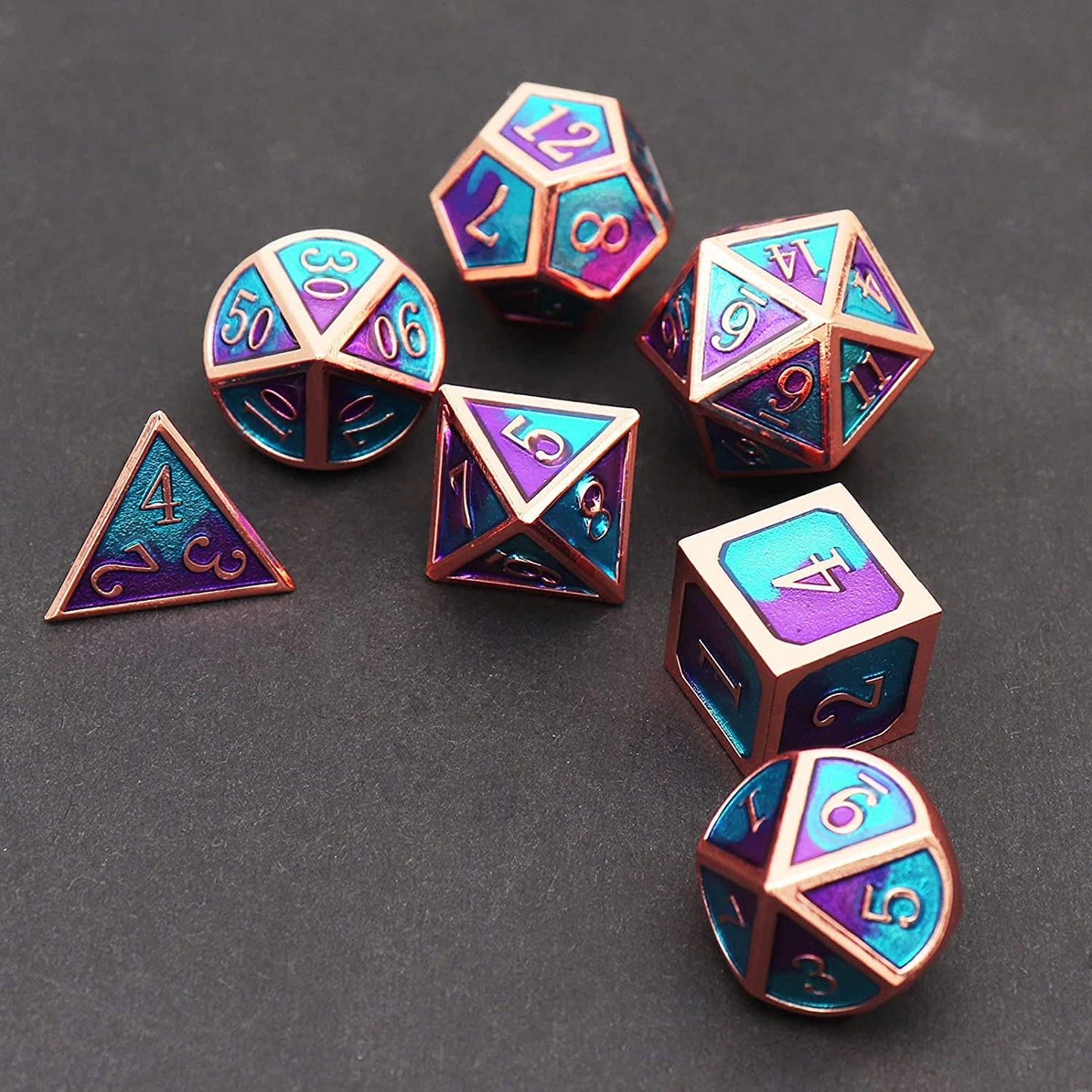 Haxtec Metal DND Dice Set D&D Gifts 7PCS Copper Blue Teal Purple Polyhedral RPG Dice D20 D12 D10 D8 D6 D4 for Dungeons and Drago