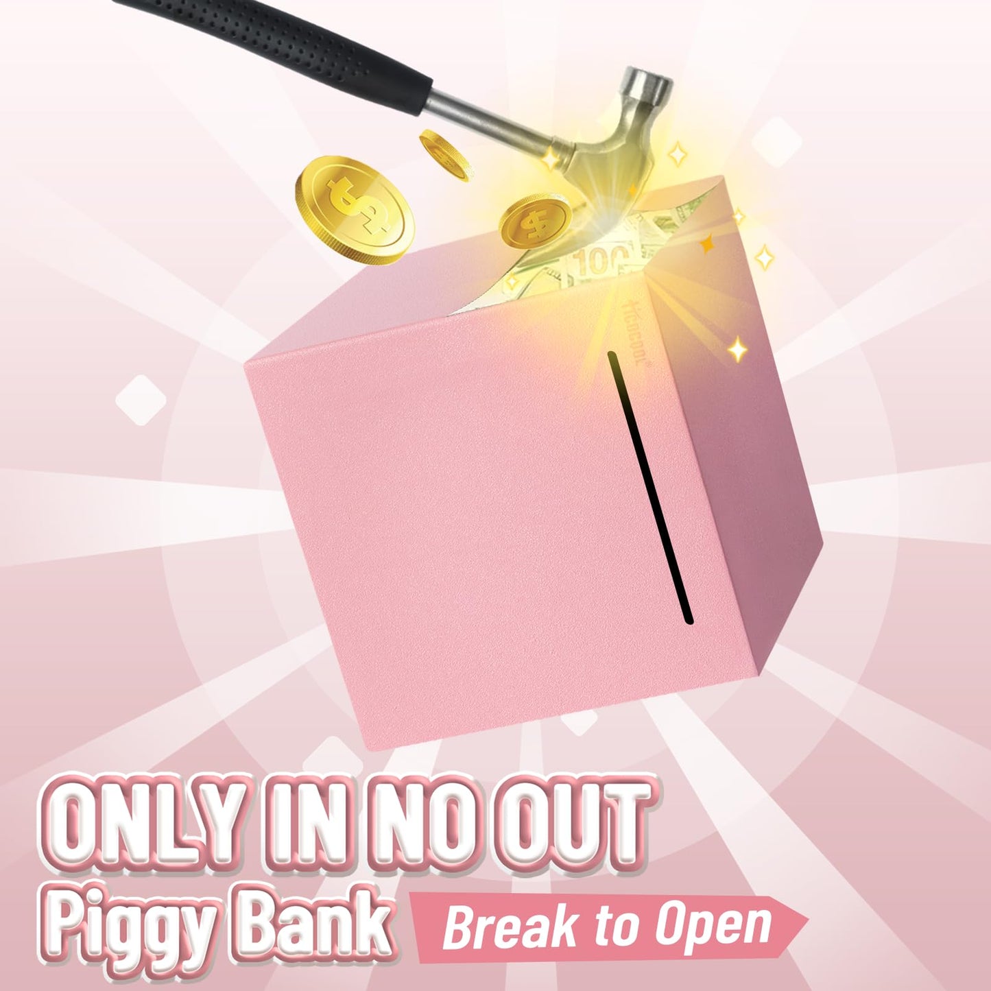 Hicocool Piggy Bank For Adults Must Break To Open, Stainless Steel Money Saving Box (Pink, Palm Size)