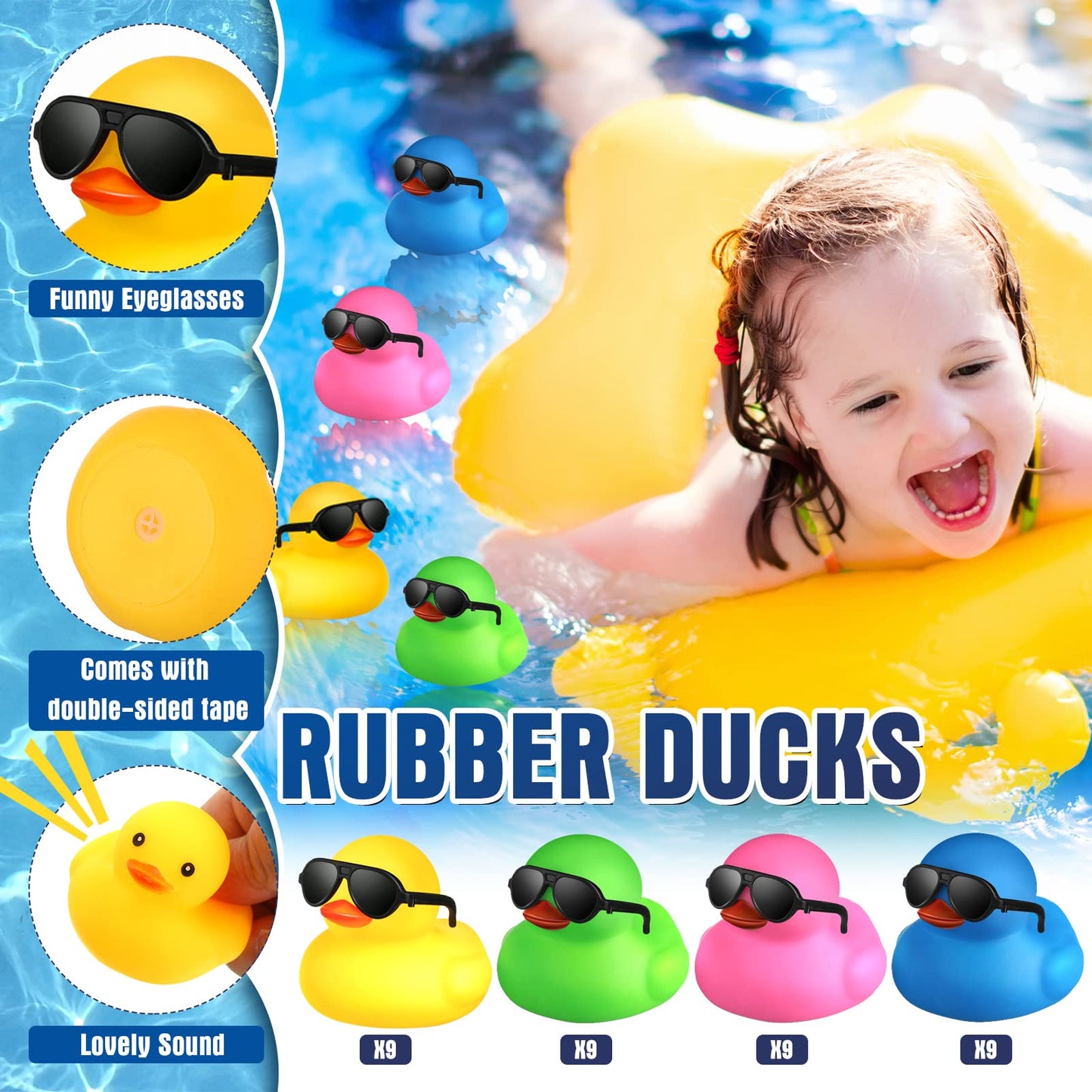 36 Pcs Mini Rubber Ducks With 36 Sunglasses Rubber Ducks In Bulk Bathtub Duckies Toys For Kids Gift Baby Shower Birthday Party Favors Cruise (Yellow, Duck With Sunglasses)