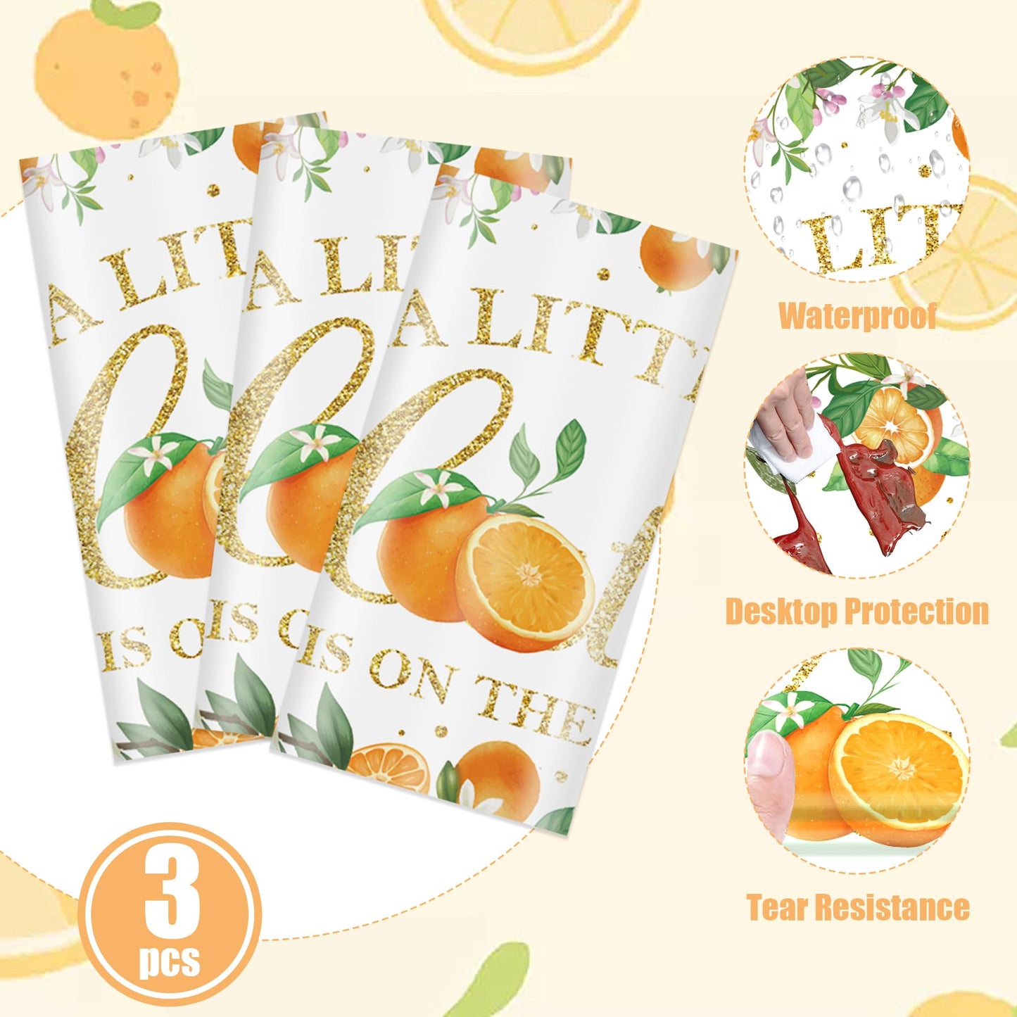 Lianxuia 3 Pcs Little Cutie Tablecloth, 54 * 108 Inch Orange Tablecloth, Fruit Plastic Tablecover For Boys And Girls Birthday Pa