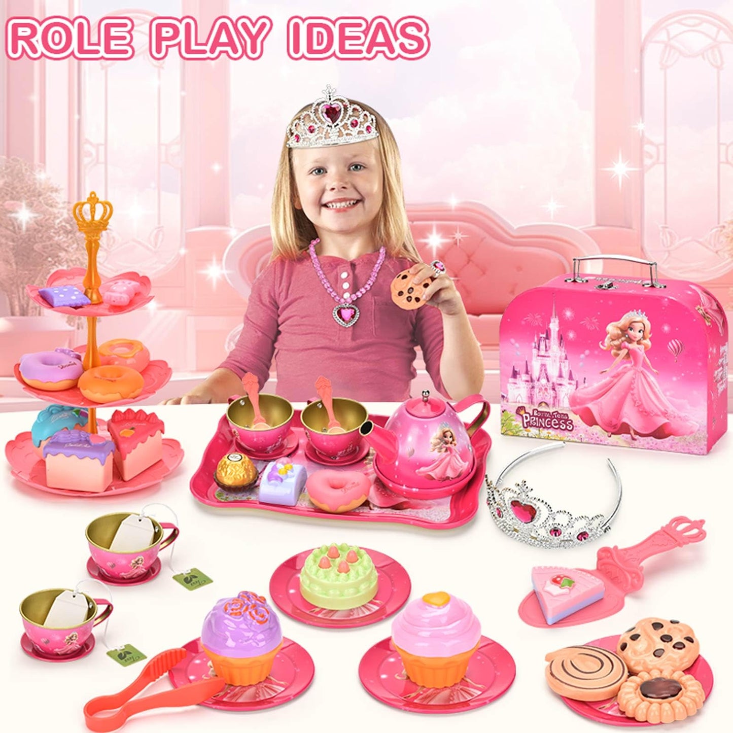 Lajeje 52 Pcs Tea Party Set for Little Girls, Pretend Tin Teapot Set, Princess Tea Time Play Kitchen Toy with Cups, Plates and A