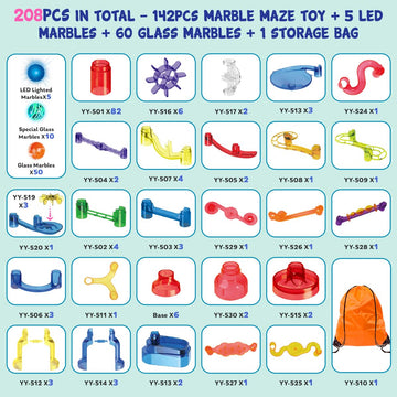 Meland Marble Run - 208Pcs Marble Maze Game Building Toy For Kids, Marble Track Race Set & Stem Learning Toy Gift For Boy Girl Age 4 5 6 7 8 9+(142 Pcs + 60 Glass + 5 Led Lighted Marbles)