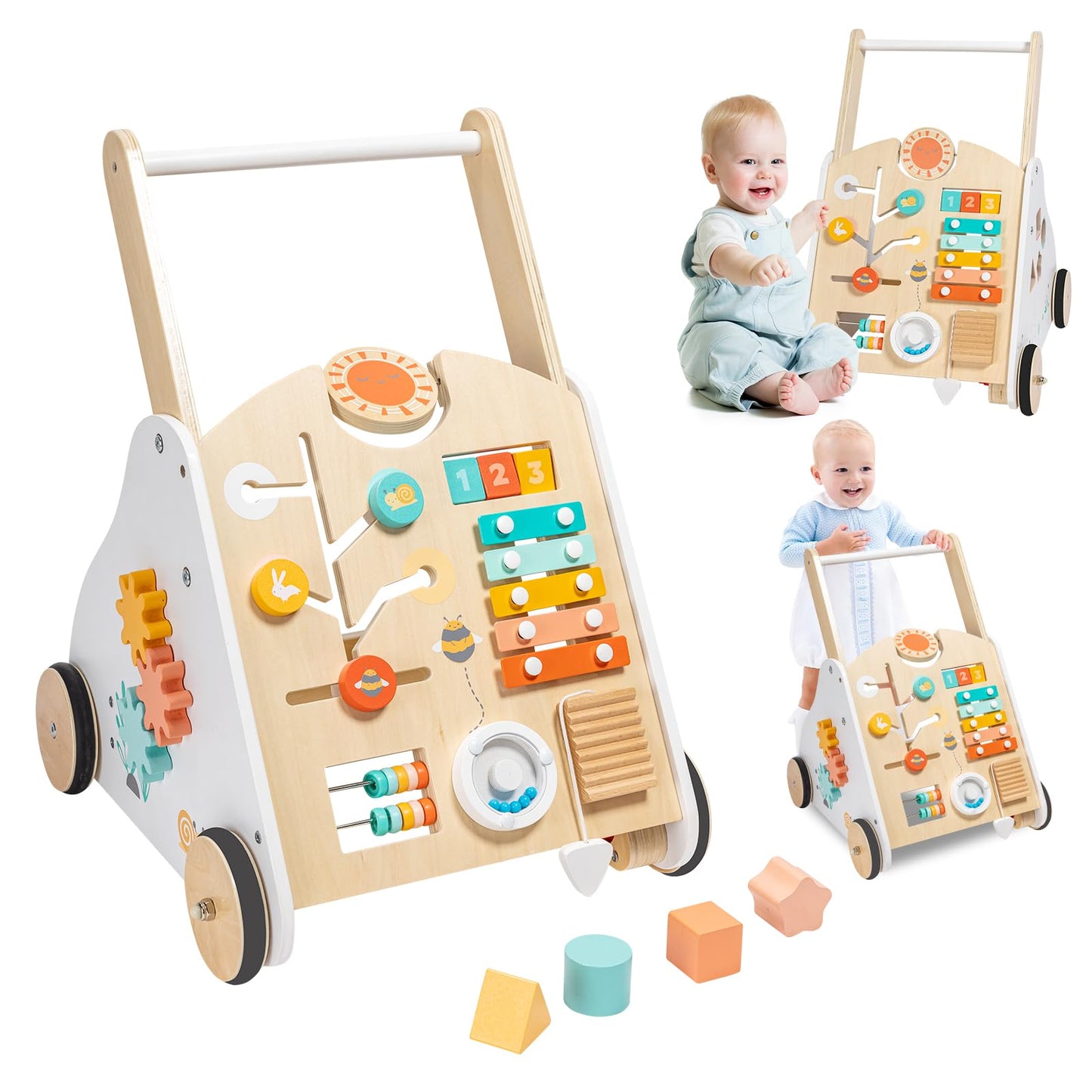 Twefex Wooden Baby Walker - Baby Push Walker With Music Box - Toddler Walker Push Toy With Adjustable Speed - Learning Activity