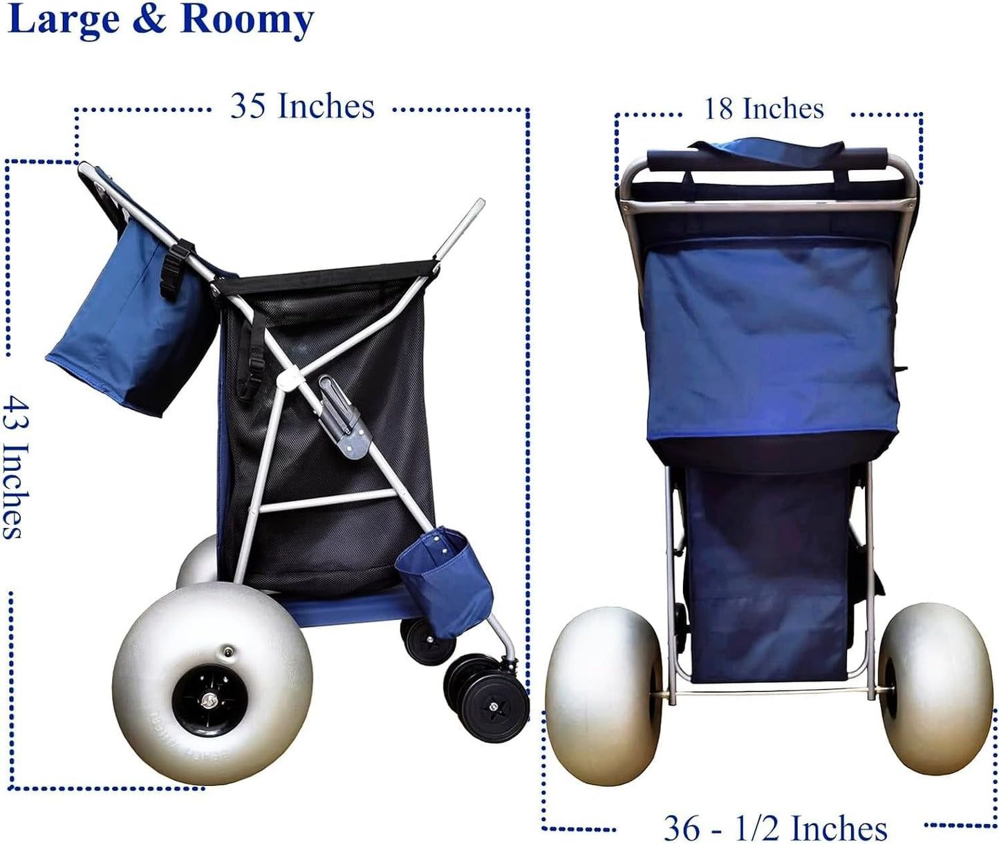 CRESTWALKER Beach Cart with 13 Balloon Wheels, Collapsible Buggy for Sand, Holds 4 Folding Chairs, Blue & Black & Grey