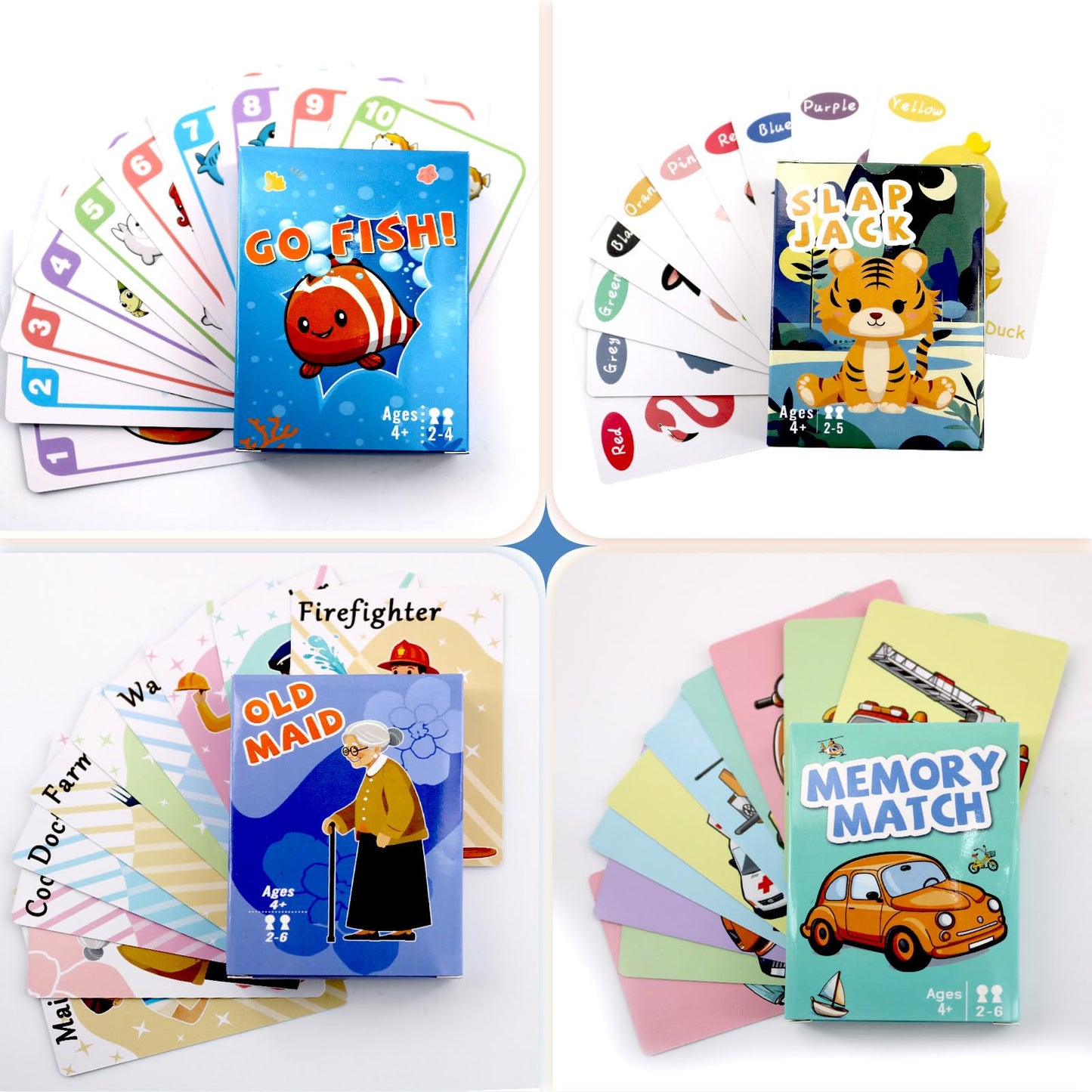 Card Games Old Maid, Go Fish, Slap Jack And Memory Classic Games - 4 Decks In 1 Pack, Fun Card Games For Kids Toddlers, Fun Kids
