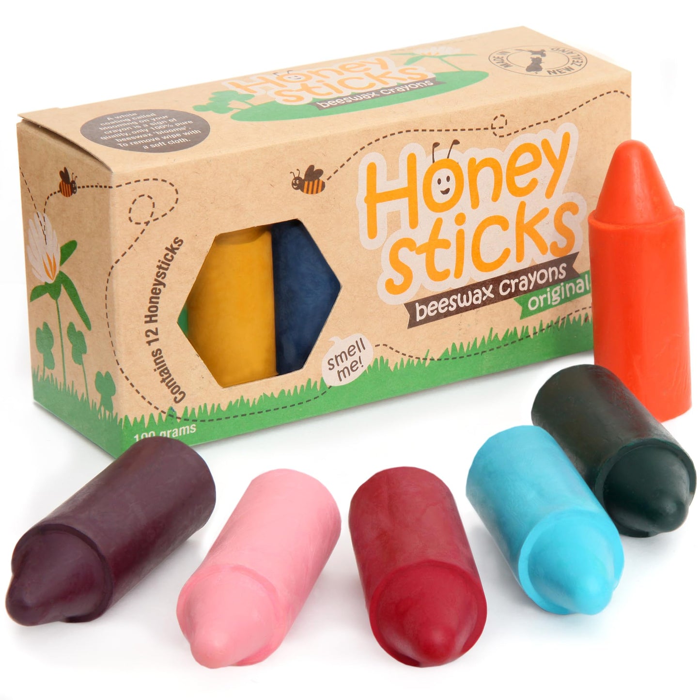 Honeysticks 100% Pure Beeswax Crayons (12 Pack) - Non-Toxic Crayons, Safe For Babies And Toddlers, For 1 Year Plus, Handmade In New Zealand With Natural Beeswax And Food-Grade Colors, Eco-Friendly.