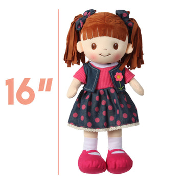 Personalized Snuggle Dolls, Custom Soft Brunette Baby Rag Doll, Pink Polka Dot Skirt, 16 Inches, Muecas De Trapo Personalizadas