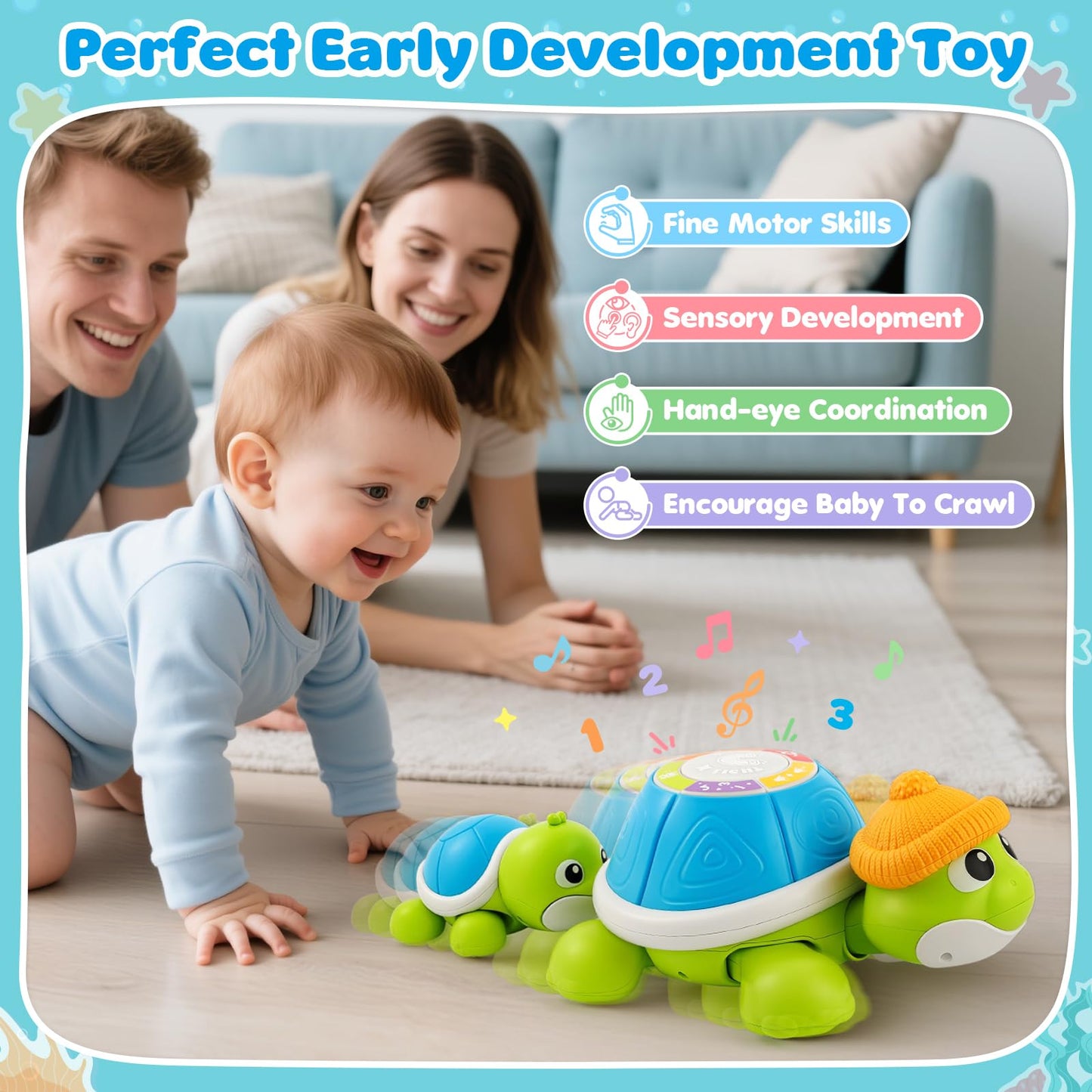 BAYSING Musical Turtle Crawling Infant Toy Set - Educational Baby Toys for 6-12 Months - Plastic - Perfect for Tummy Time & Gifts