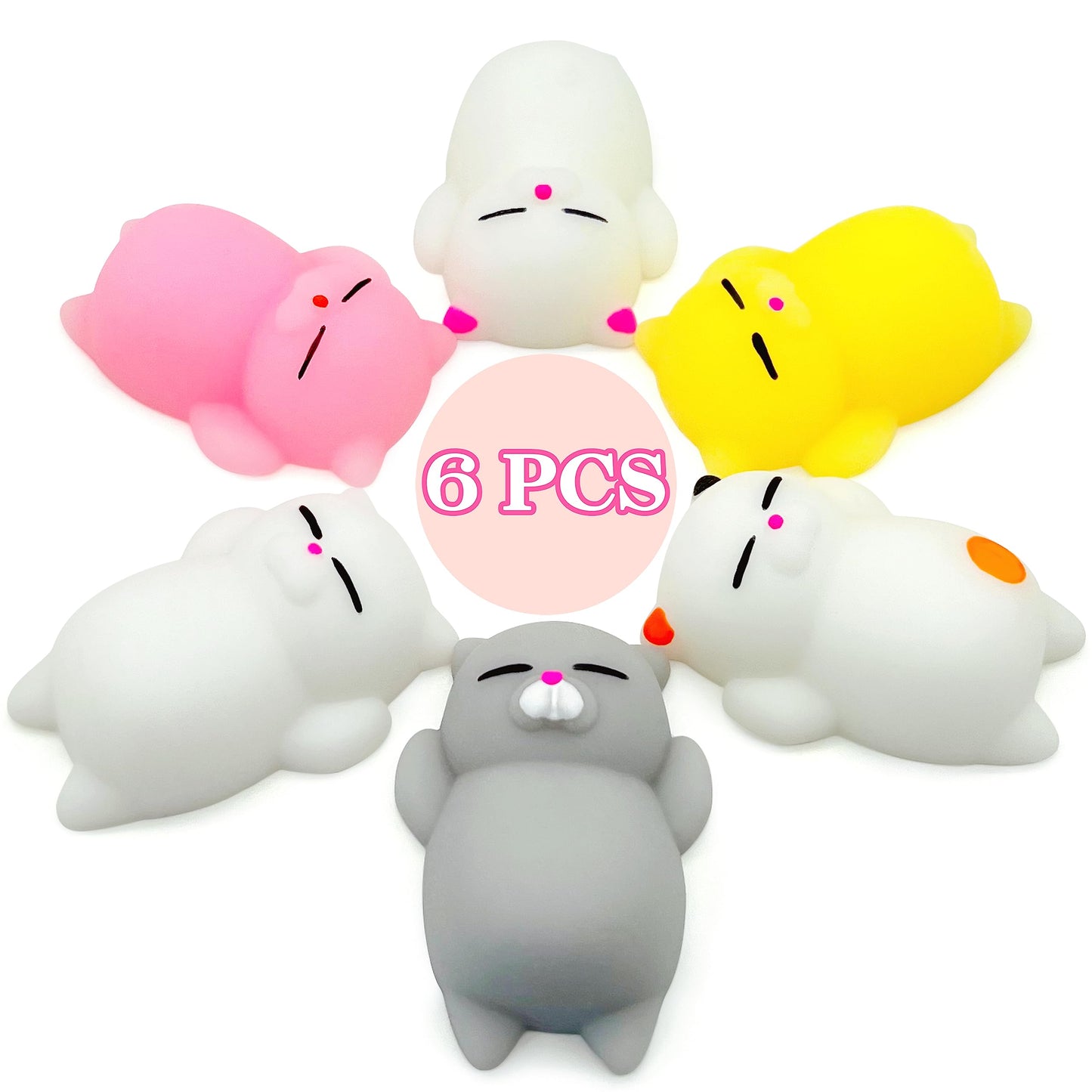 6 Pcs Cat Mochi Squishy Toys For Kids Party Favors, Animals Kawaii Squishies, Sensory Mini Mochi Toys For Kids, Fidget Bulk Toys
