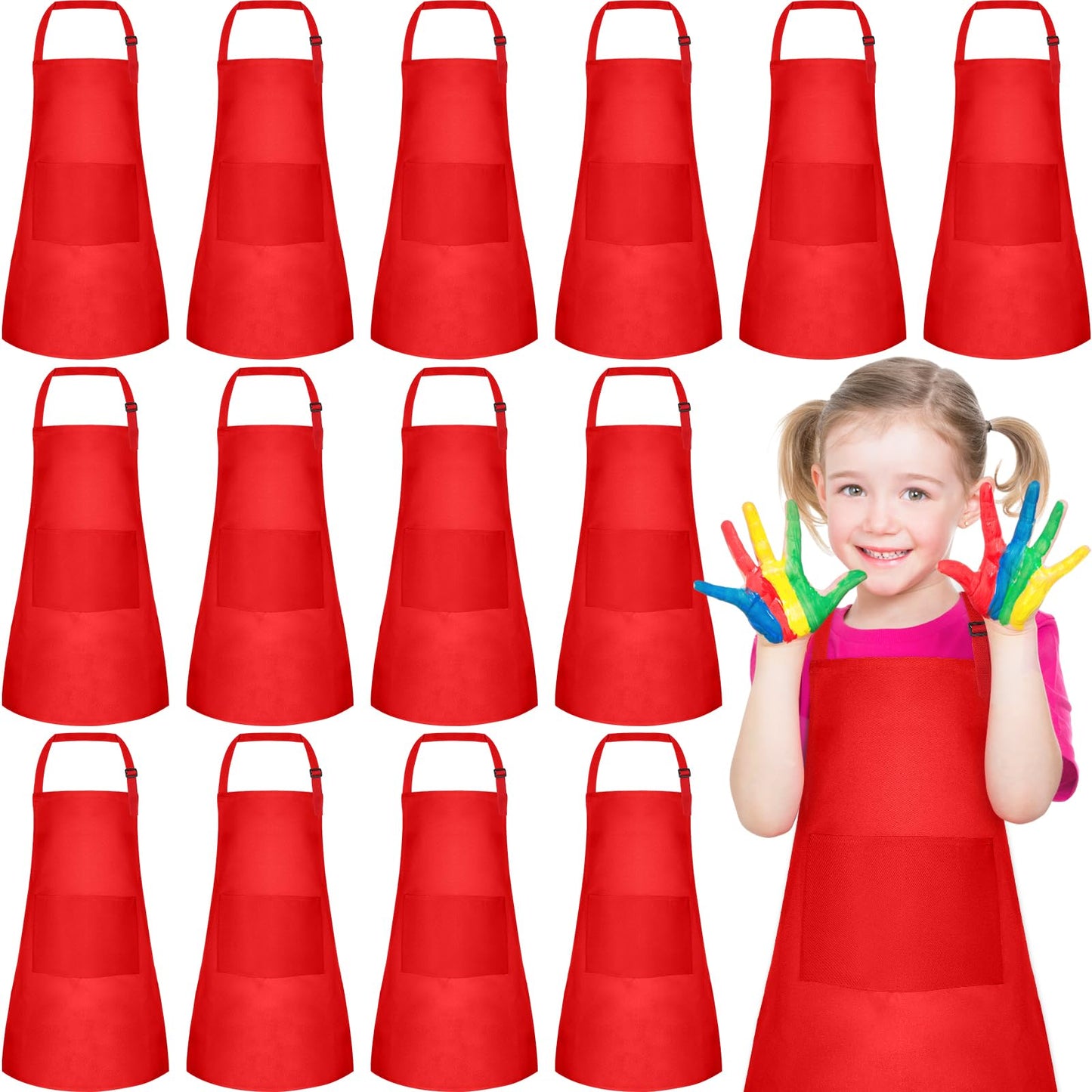 PLULON 15Pcs Kids Aprons Bulk Painting Apron for Kids, Paint Art Apron Adjustable Children Chef Aprons with 2 Pockets for Girls