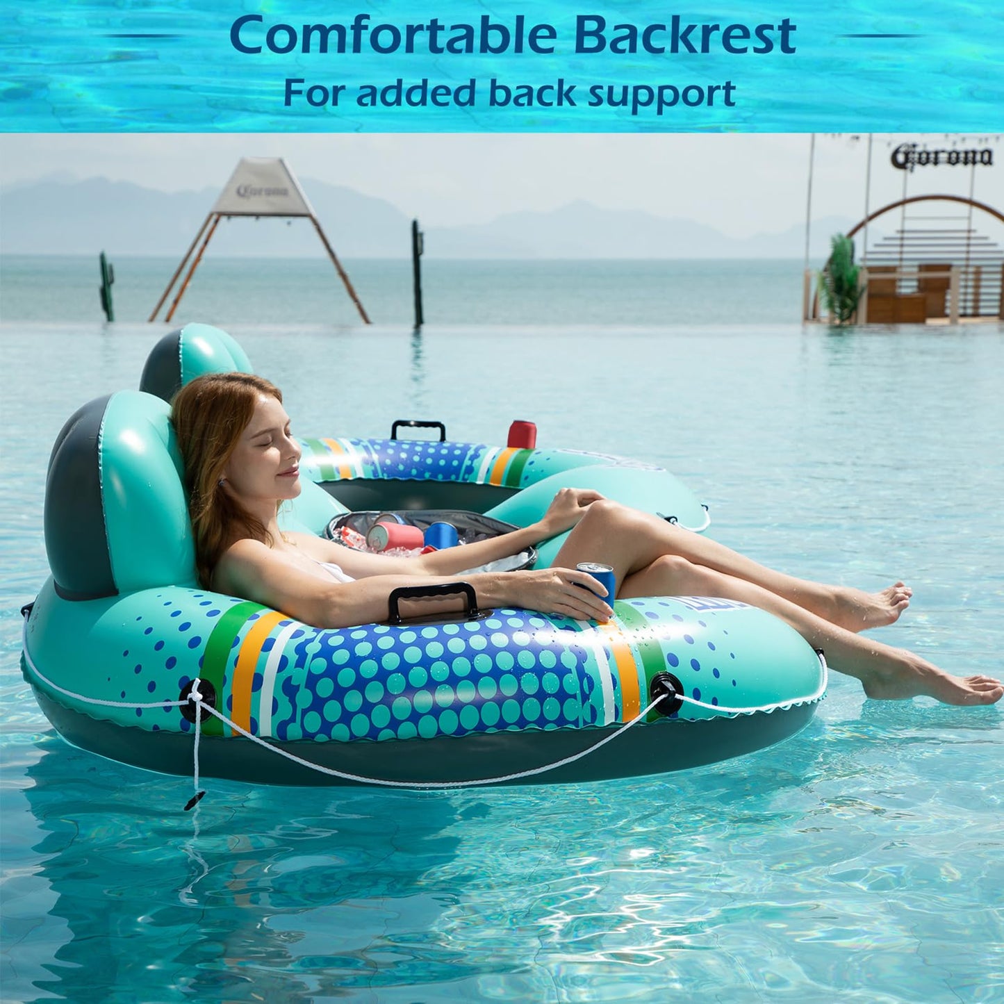 Jasonwell Inflatable River Tube Float - 2 Person Heavy Duty River Float Pool Floats With Removable Cooler Lake Water Tubes For Floating River Raft Lounge Floatie With 2 Cup Holders For Adults (Cyan)