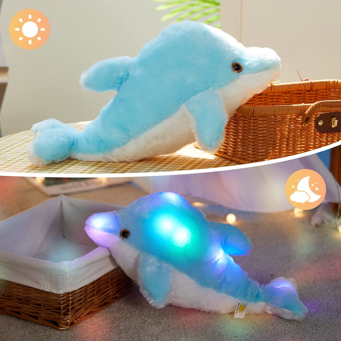 Bstaofy 18'' Light Up Dolphin Stuffed Animal Night Light Colorful Glowing Dolphin Soft Led Plush Toys Gift For Kids On Valentines Christmas Birthday Festivals, Blue