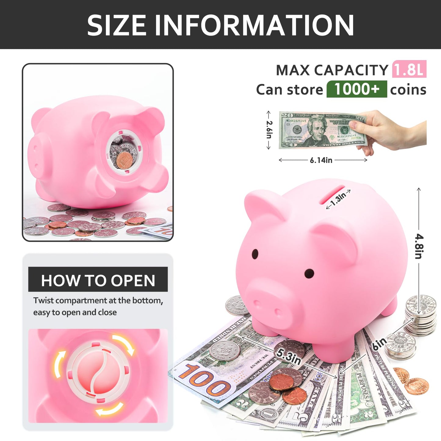 Piggy Bank For Kids Adults, Vcertcpl Unbreakable Plastic Piggy Bank Coin Bank Money Saving Box For Cash Saving, Kids Bank Money Jar Adults, Piggy Bank For Boys Girls, Gift Toys Banks For Kids (Pink)