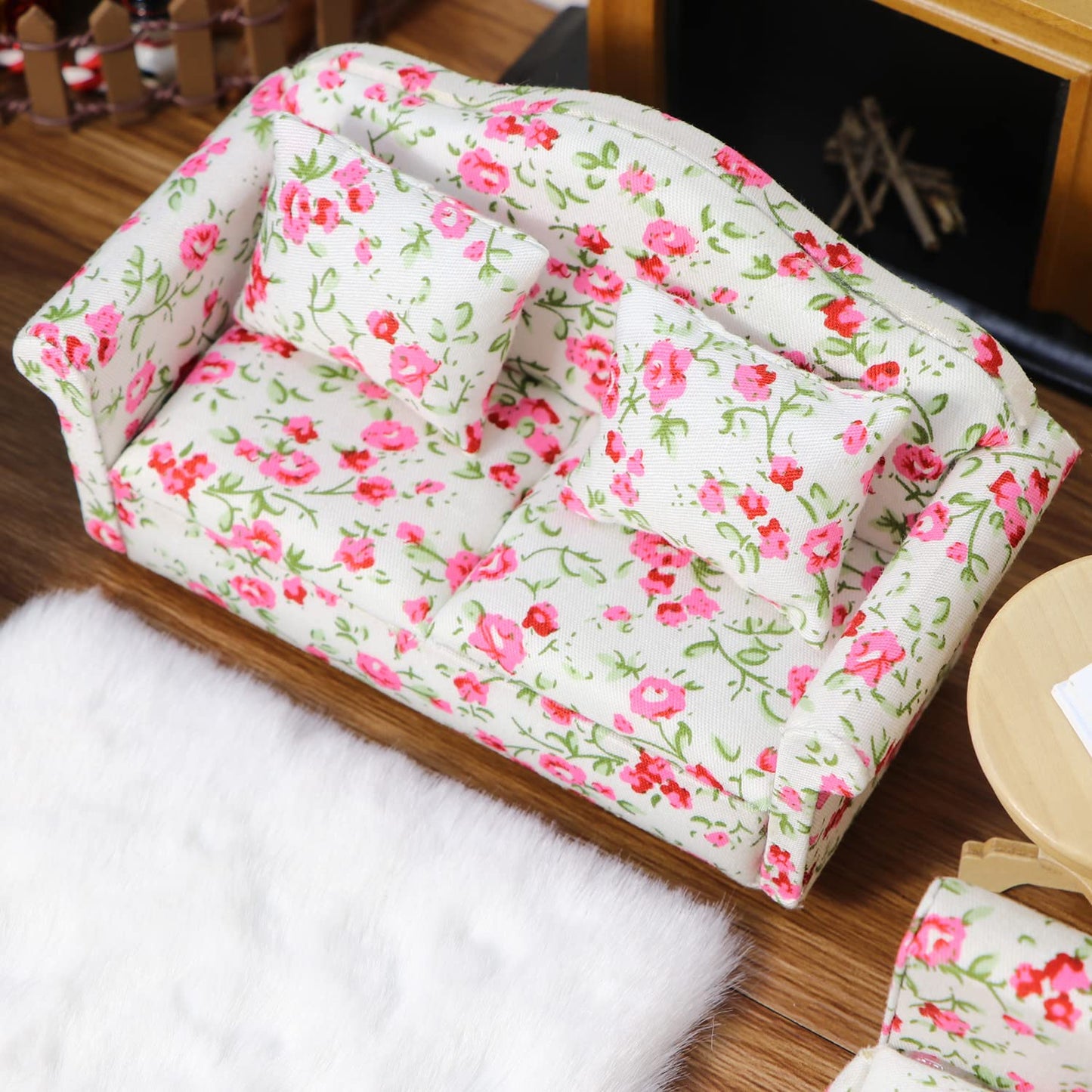Dollhouse Couch Miniature Sofa With Pillows Dollhouse Living Room Funiture 1:12 Scale Model 3 Pcs High Simulation Upholstered Wo