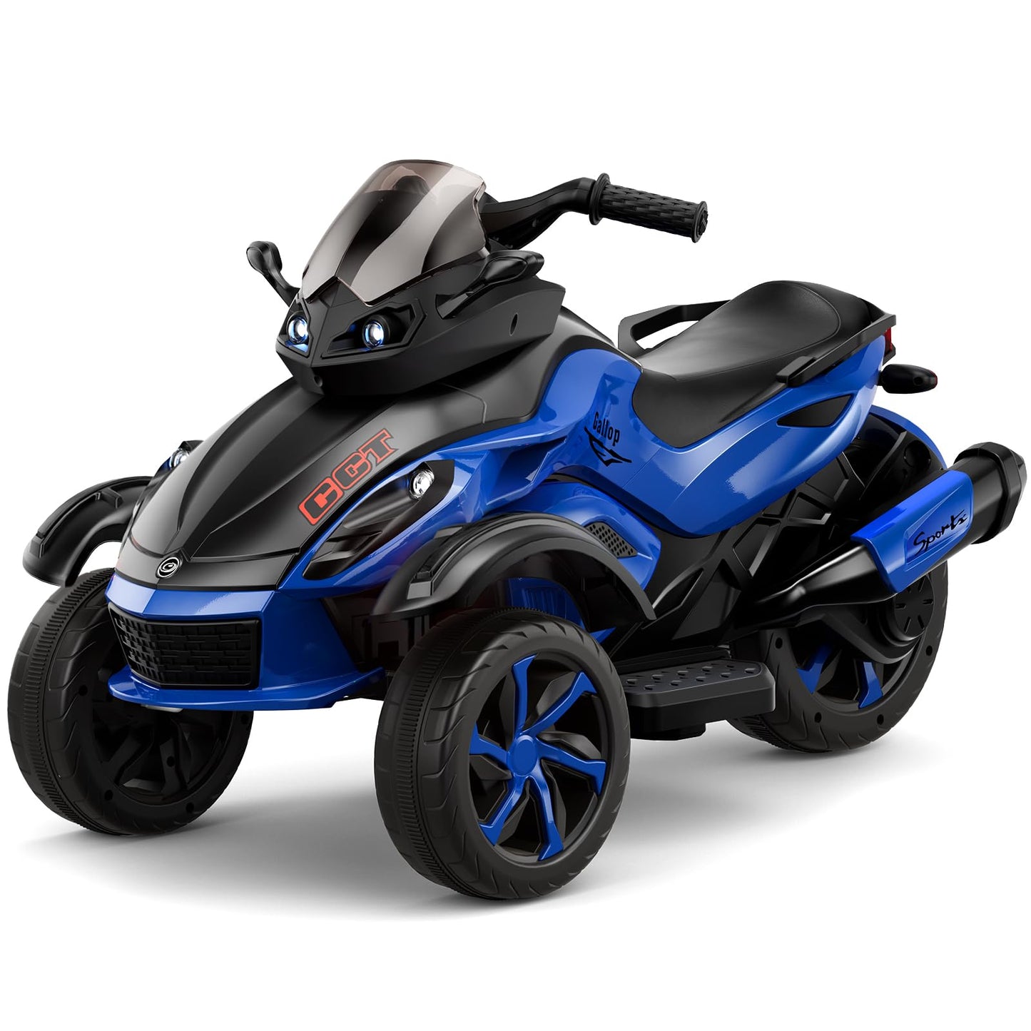 Hotsolo 12V Kids Electric Motorcycle, 3 Wheeler Toddler ATV with Led Lights, Music, Horn, Shock Absorbers, Blue Power Wheels for