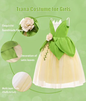 MDYCW Princess Tiana Halloween Costume for Girls, Frog Dress Up Cosplay Birthday Party Outfits
