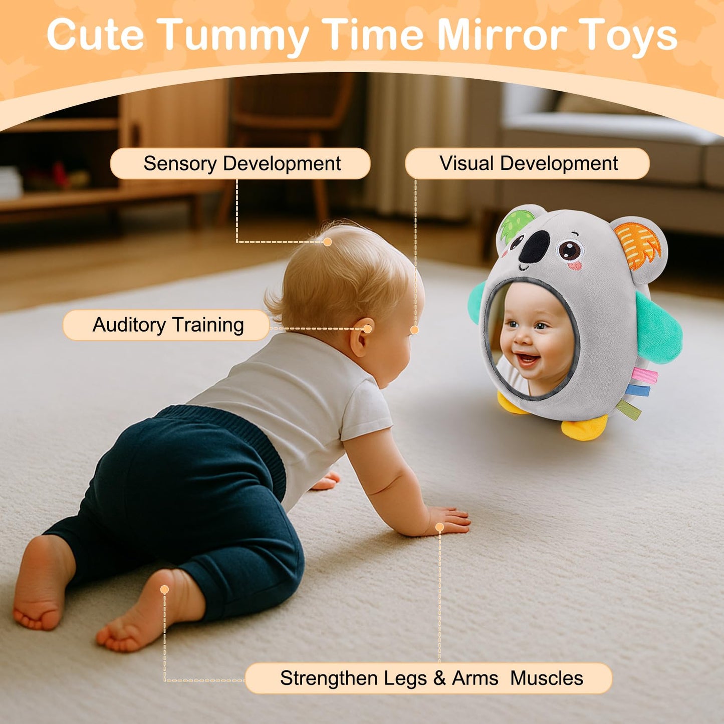 FIOBEE Tummy Time Toys Baby Mirror Tummy Time with Crinkle & Jingle Sounds Large Baby Sensory Toys for Infant Ages 0 3 6 Months