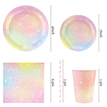 Pastel Birthday Party Supplies Decorations, Rainbow Theme Birthday Paper Plates And Napkins Set With Cups And Straws For 24 Gues