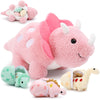 Karister Plush Dinosaur Stuffed Animals Set - Pink Mommy Dinosaur with 3 Baby Dinosaurs (Triceratops, Stegosaurus, Diplodocus)