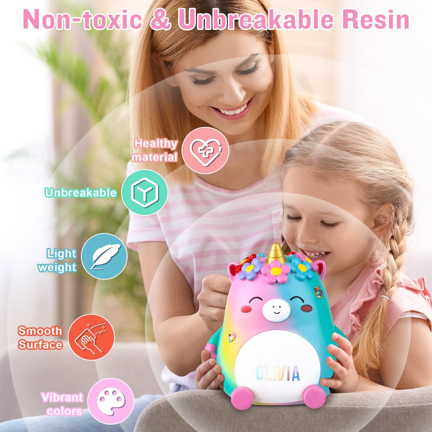 VEEWYREE Unicorn Piggy Bank for Girls - Cute Rainbow Personalized Resin Coin Bank with Stickers - Unbreakable Toddler Money Bank