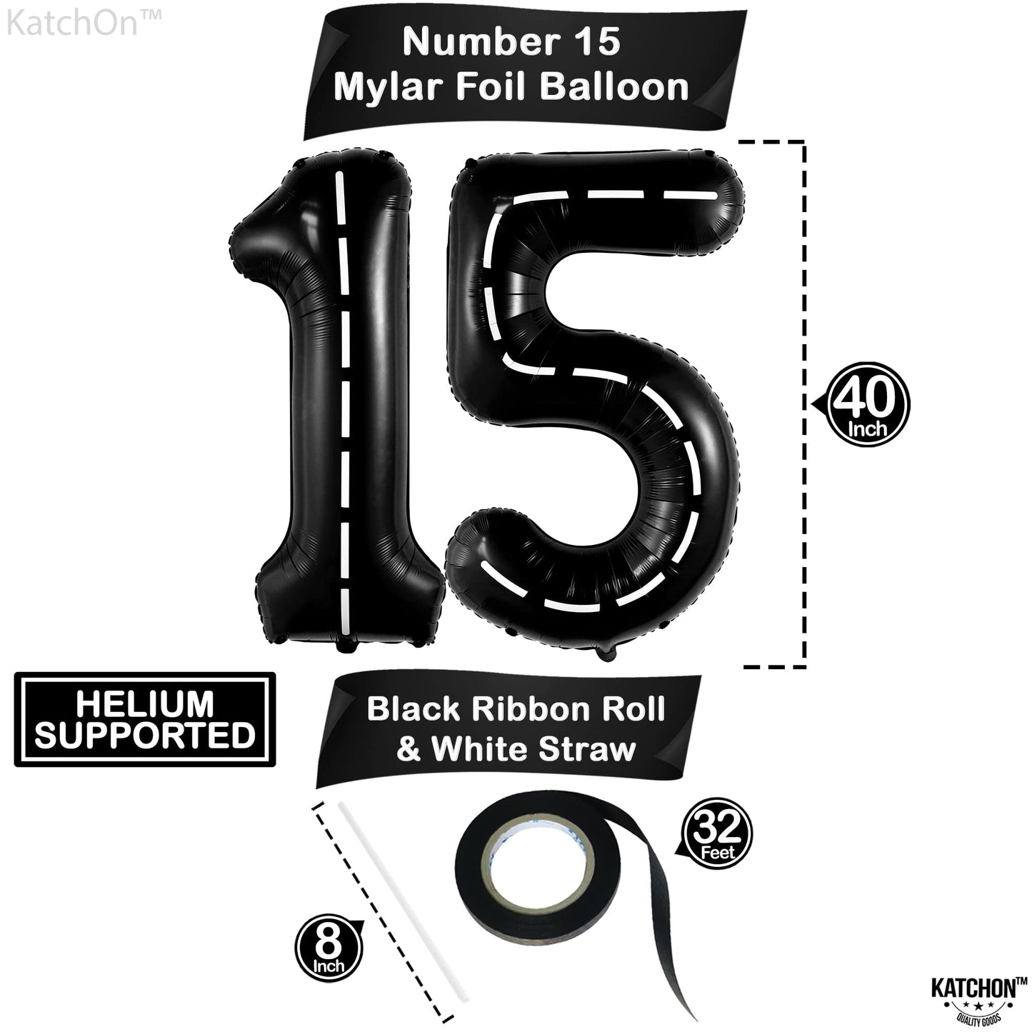 Katchon, Gaint Race Car 15 Balloon Number - 40 Inch | Black 15 Birthday Balloon | 15Th Road Birthday Decorations | 15 Year Old Balloon For 15Th Construction Birthday Decorations | Number 15 Balloon