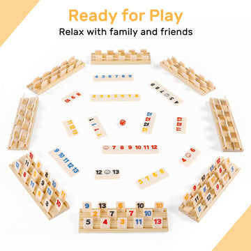uvcany Rummy Cube 8 Player Edition with 8 Wooden Racks/Trays, 214 Large Numbers Rummy Tiles 6-8 Players Set with Zippered Case,
