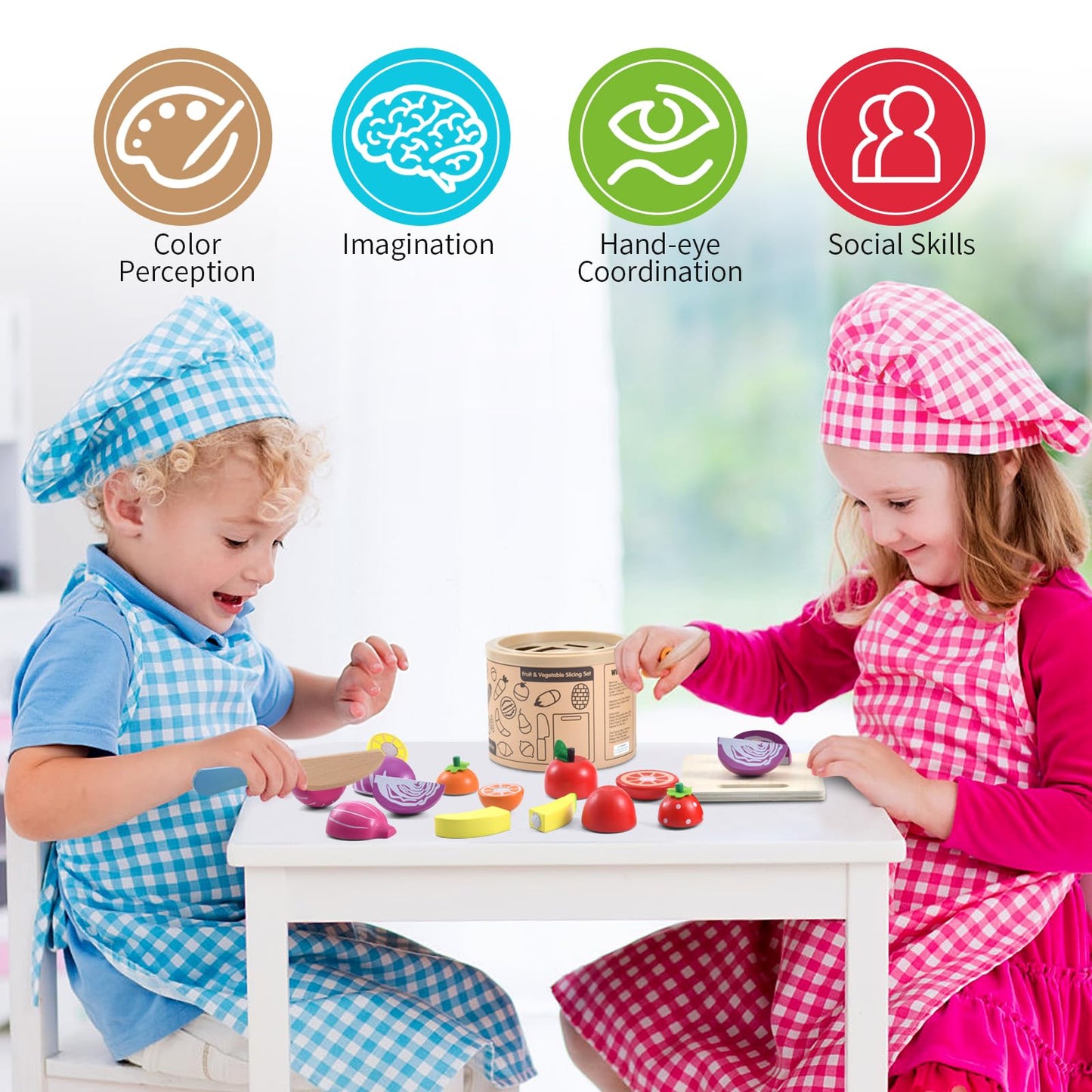 WHOHOLL Wooden Play Food for Kids Kitchen Playset, Play Kitchen Accessories Pretend Cutting Food Montessori Toys for 2+ Year Old