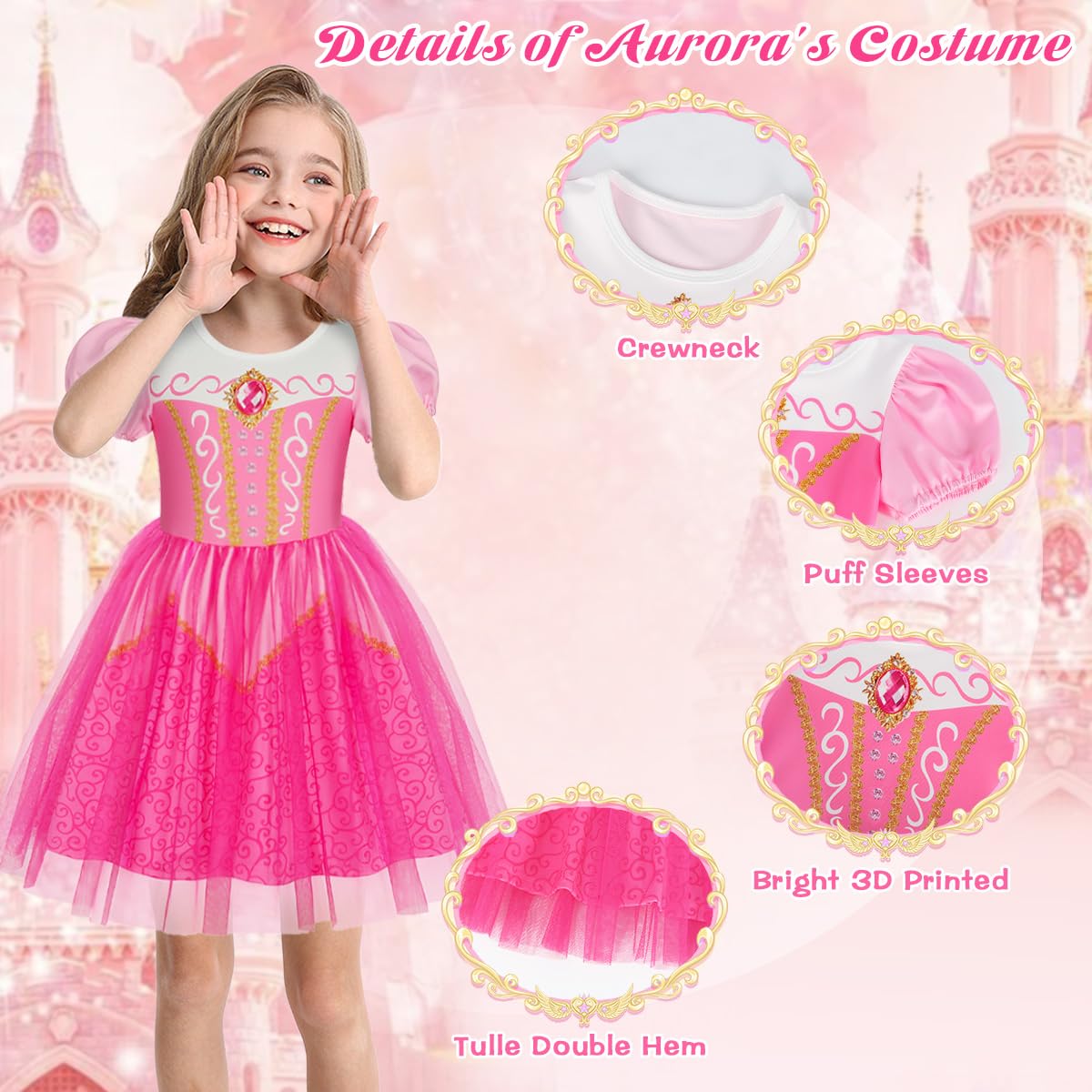 Benylion Princess Dress Pink Princess Dresses For Girls Toddler Dress Up With Accessories Cosplay Party For Kid 8-9Years Old Pri