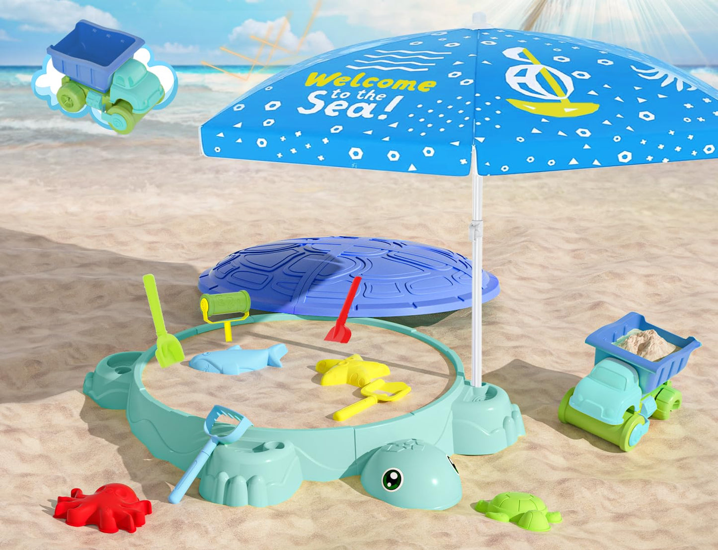Upgraded Kids Turtle Sandbox With Lid & Adjustable Umbrella, Truck Toy & 8Pcs Sand Shovels, Sand Box With Cover, Beach Toys For