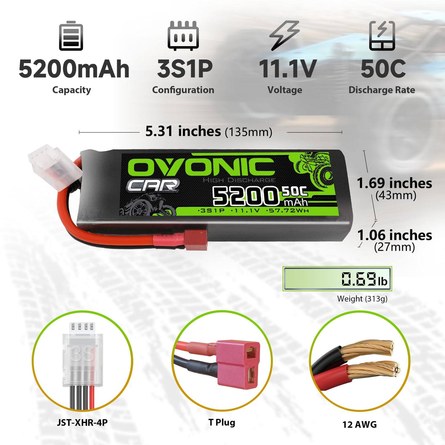 OVONIC Lipo Battery 5200mAh 50C 11.1V 3S RC Battery with Deans and XT60 Connector for RC Plane DJI Quadcopter RC Airplane RC Hel
