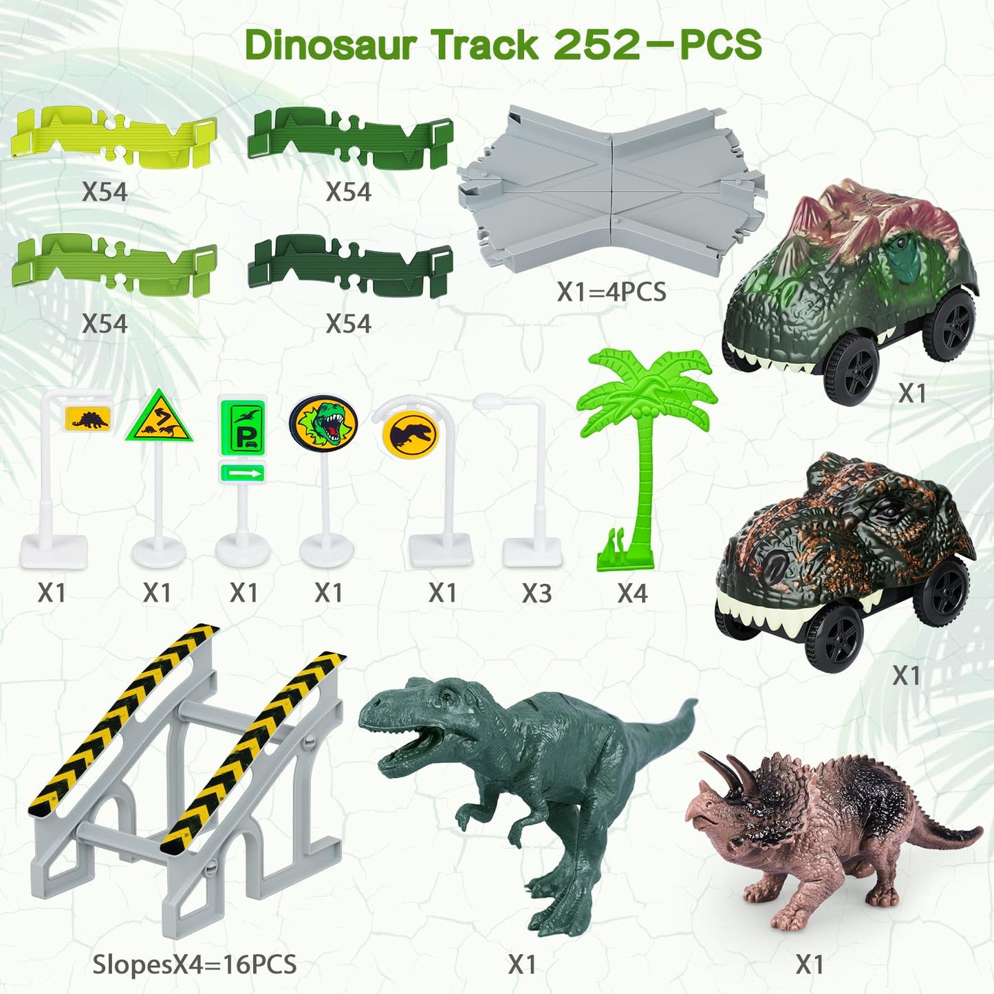 Dinosaur Toys, 252 Pcs Create A Dinosaur World Road Race Tracks, Flexible Track Playset, 2Pcs Dinosaur Car For 3 4 5 6 Year Old Boys Girls Birthday Party Favor Gift