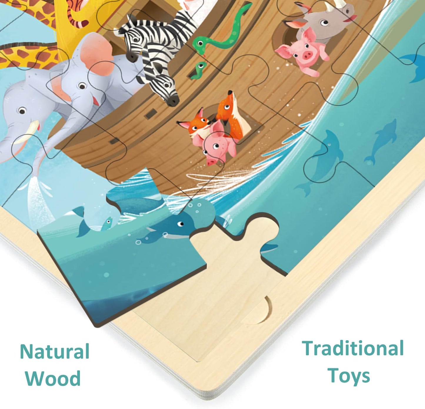 Moinkidz 24 Piece Puzzles For Kids 3 Year Old, Noah'S Ark Religious Scene Puzzle, Wooden Jigsaw Puzzles For Toddlers Ages 3-5, Preschool Puzzles For 3 4 5 Year Old With Puzzle Tray