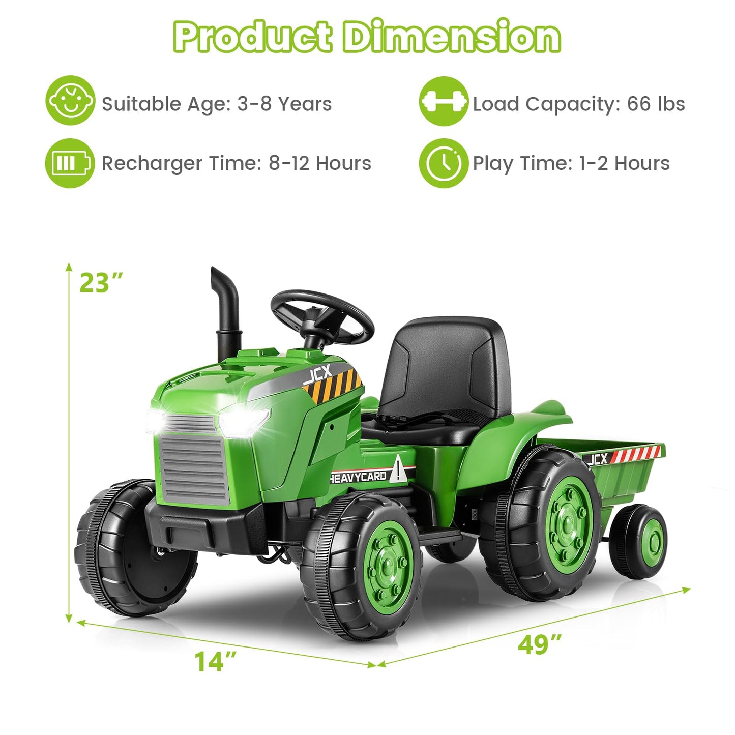 Olakids 12V Kids Ride On Tractor, Battery Powered Motorized Electric Car With Trailer, Dual Motors, Remote Control, Light, Music, Usb, Toddler Vehicle Toys For Boys Girls (Green)