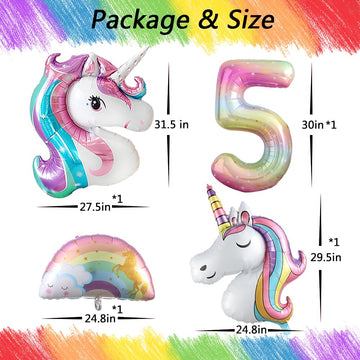 Heukikt Unicorn 5th Birthday Decorations Set - Rainbow Helium Balloons, Pink & Purple, Heart & Star, Baby Shower Supplies