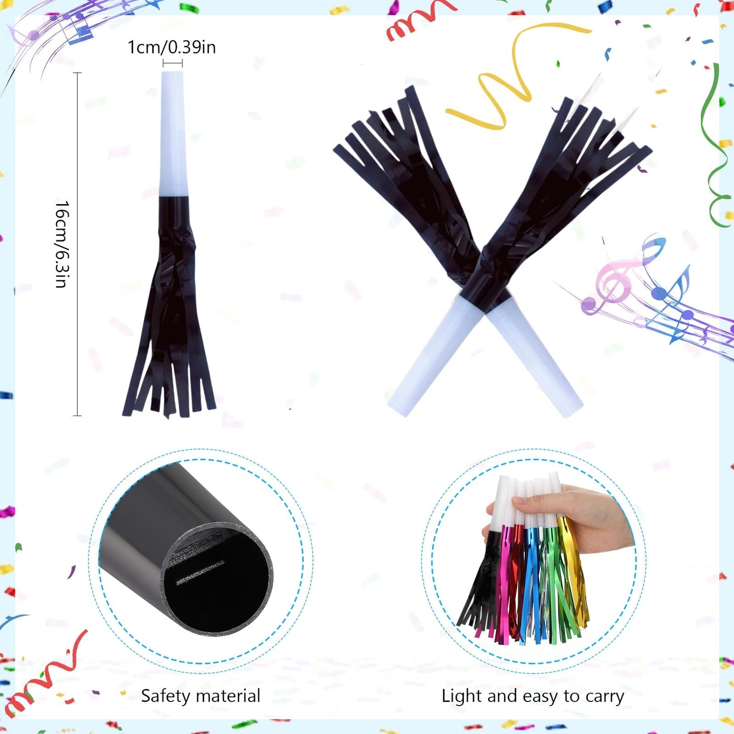Lcpqmzgh 120 Pcs Gold Noise Makers, Metallic Fringed Noise Makers For New Year Party Favor Supplies (Black)