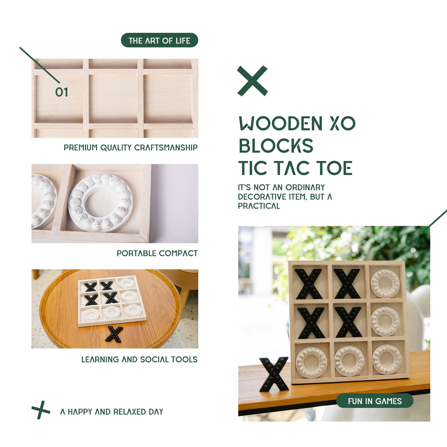 Genmous Wooden Tic Tac Toe Game Board For Seniors Family Indoor Game, 10.6 Inch White Rustic Giant Tic Tac Toe Coffee Table Deco