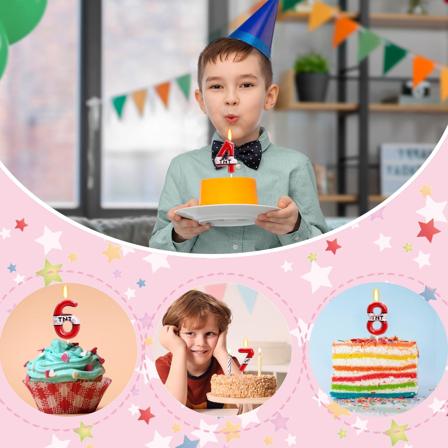 TNT Themed Birthday Candles for Boys Girls, Craft Pixels Cake Topper, Kids Themed Birthday Party Supplies (Number 6-Red)