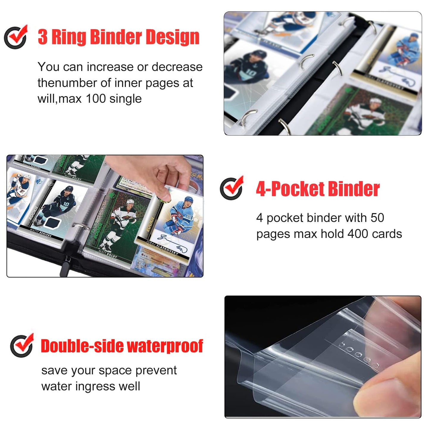 400 Pockets Hockey Card Binder for Trading Cards 2024-2025 Collectors Portable Waterproof Storage Book With Removable Sleeves Compatible With Football Sports Game and TCG Cards