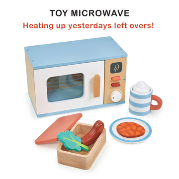 Mentari Toys - Toy Microwave - 9Pc Wooden Microwave Set With Pretend Play Food - Kids Role Play Kitchen Accessories - Improve So