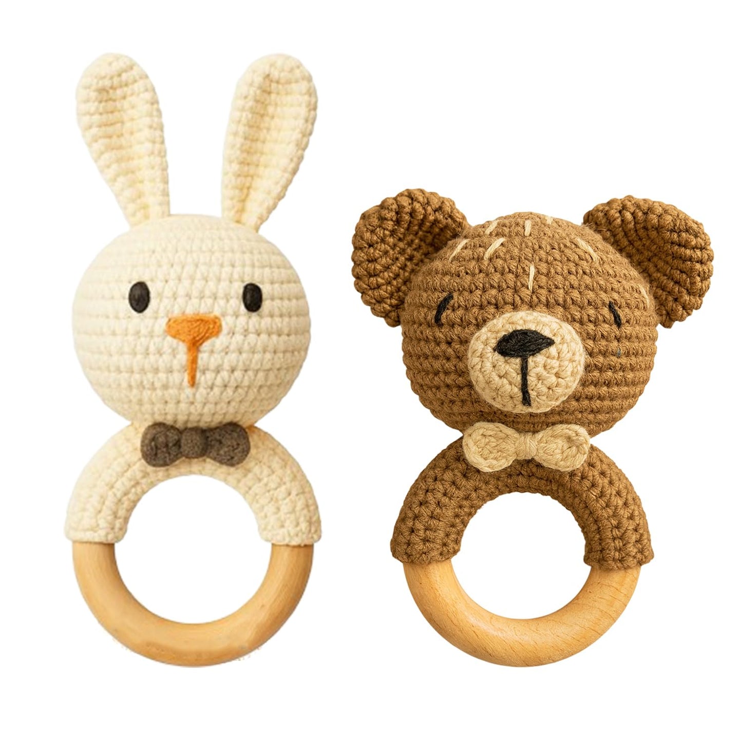 Sycamore East Crochet Baby Teether Combo (Bunny & Bear) - Soft Handmade Cotton Rattle Toy With Wooden Ring For Infants, Newborns