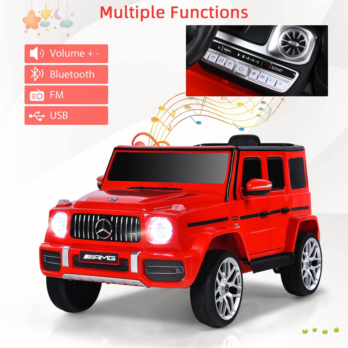 Infans Licensed Mercedes Benz G63 Kids Ride On Car, 12V Electric Vehicle With Remote Control, Double Open Doors, Music, Bluetooth, Wheels Suspension, Battery Powered For Children Boy Girl (Red)