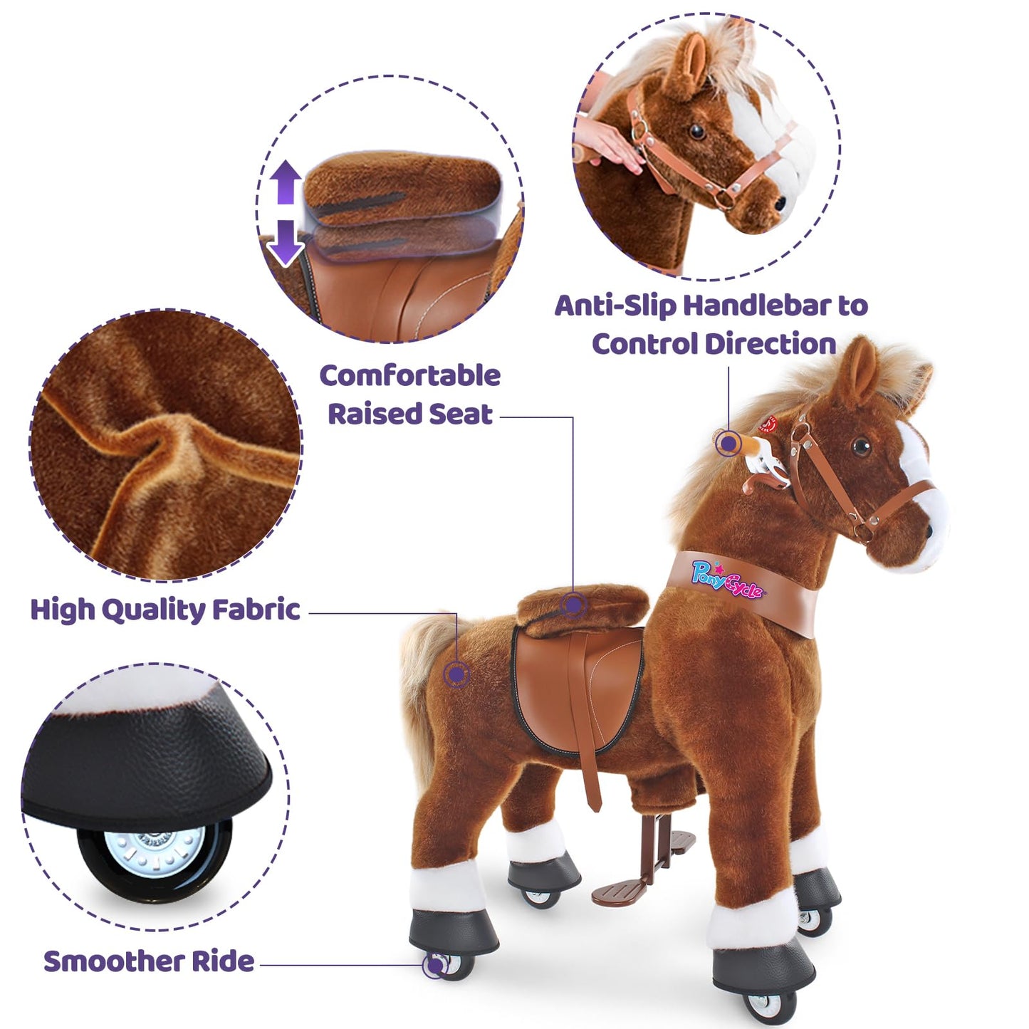 Ponycycle Kids Ride On Horse For Kids Ride On Toys Classic Model U (With Brake/ 36' Height/Size 4 For Age 4-8) Riding Horse Plush Ride On Pony Rideable Horse Walking Animal With Wheels Brown Ux424