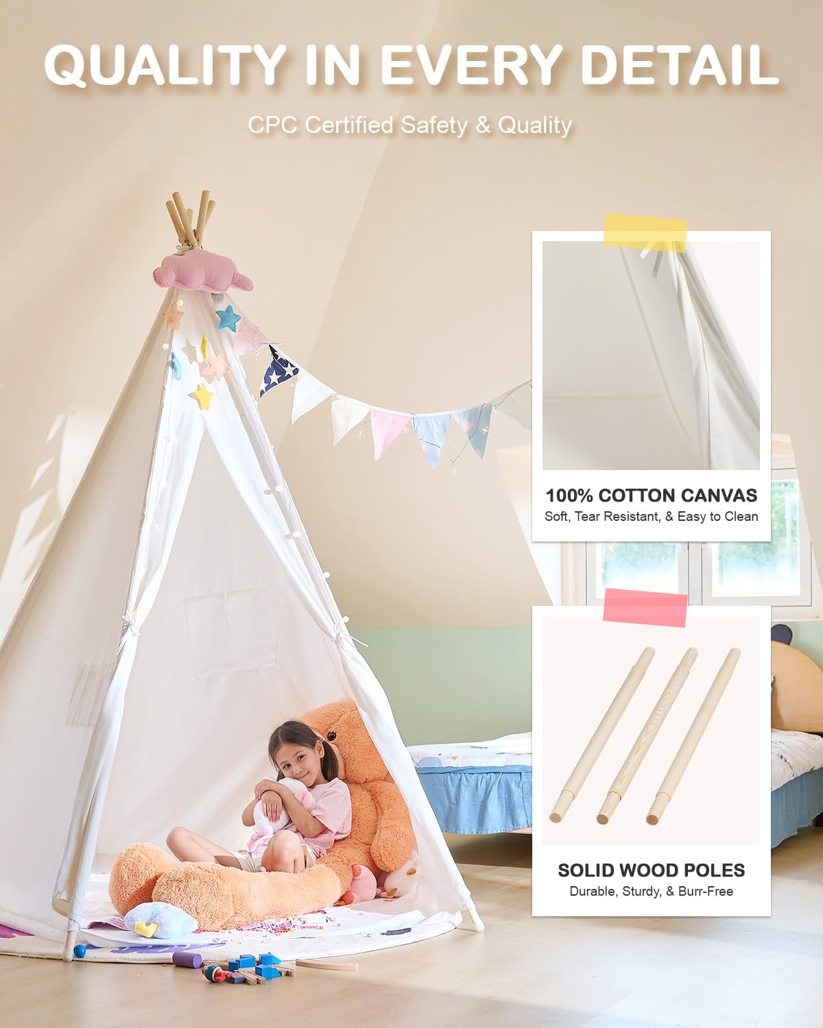 Co-Z Larger 85'' H Kids Teepee Play Tent, 2.1M Large Indoor Canvas Teepee Tent For Adults, Tall Foldable Teepee Outdoor, 5 Sides