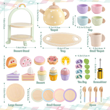 Lonico Wooden Tea Party Set for Little Girls Toddler Tea Set with Cupcake Stand & Food Dessert, Play Kitchen Accessories for Tod