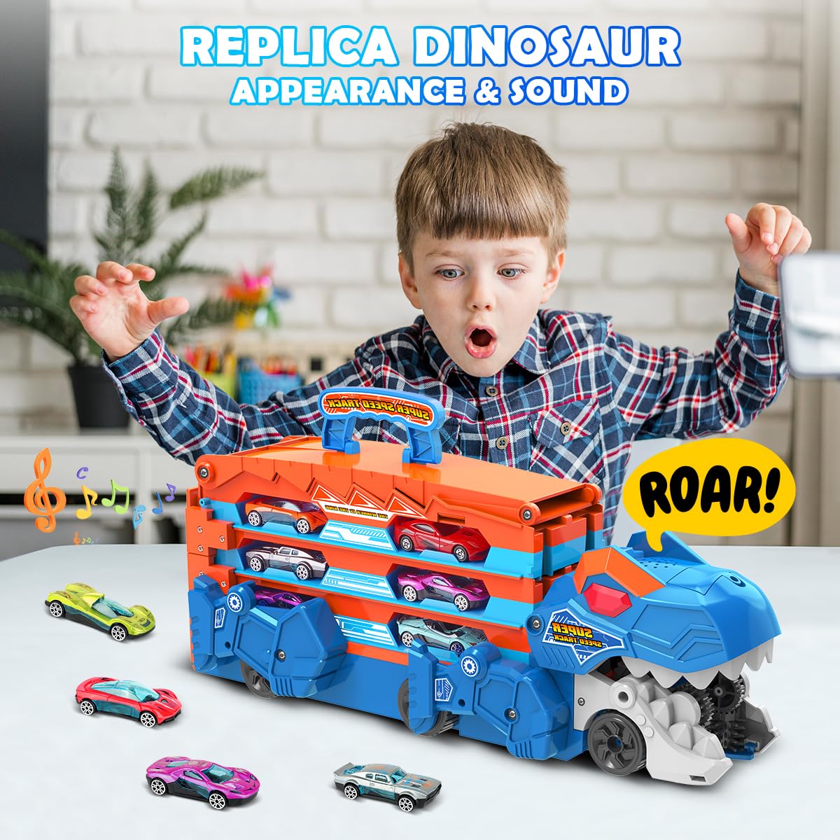 VATOS Toddler Truck Car Toy - Ejection Folding Dinosaur Track Car Toys, Portable Truck Car Toy with 8 Race Cars, Best Gift Toy C
