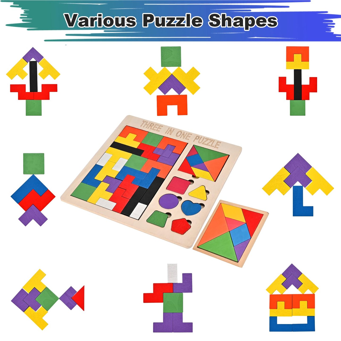 Wooderma 3 Pack Wooden Blocks Puzzles, 3-In-1 Russian Blocks, Octagon Puzzle, Tangrams Puzzles, Brain Teasers Toy Logic Game, Mo