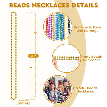 100 PCS Mardi Gras Beads Necklaces, 10 Colors 33 Inch Colorful Bead Necklaces Bulk Party Beads Necklace Round Beaded Necklaces f