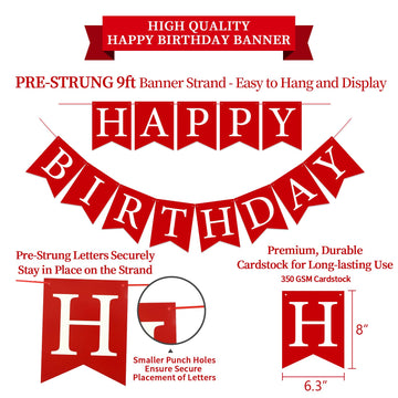 LITAUS, Birthday Decorations, NO DIY - Pack of 16 | Red Happy Birthday Banner, Honeycomb Balls, Swirls, Garland | Happy Birthday