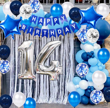 14Th Birthday Party Decoration For Boys, Number 14 Birthday Balloons Happy Birthday Banner Blue 14Th Birthday Latex Confetti Bal
